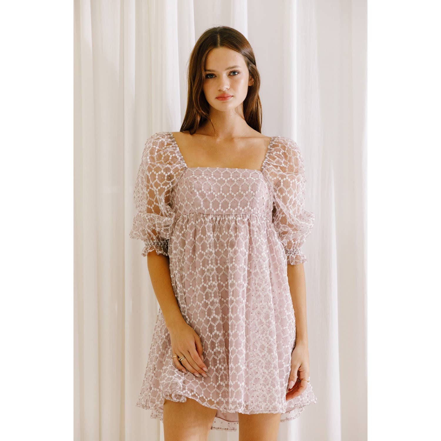 DUSTY PINK JD2443-5- EMBROIDERED TINY DAISIES BABY DOLL DRESS for wholesale on Faire1