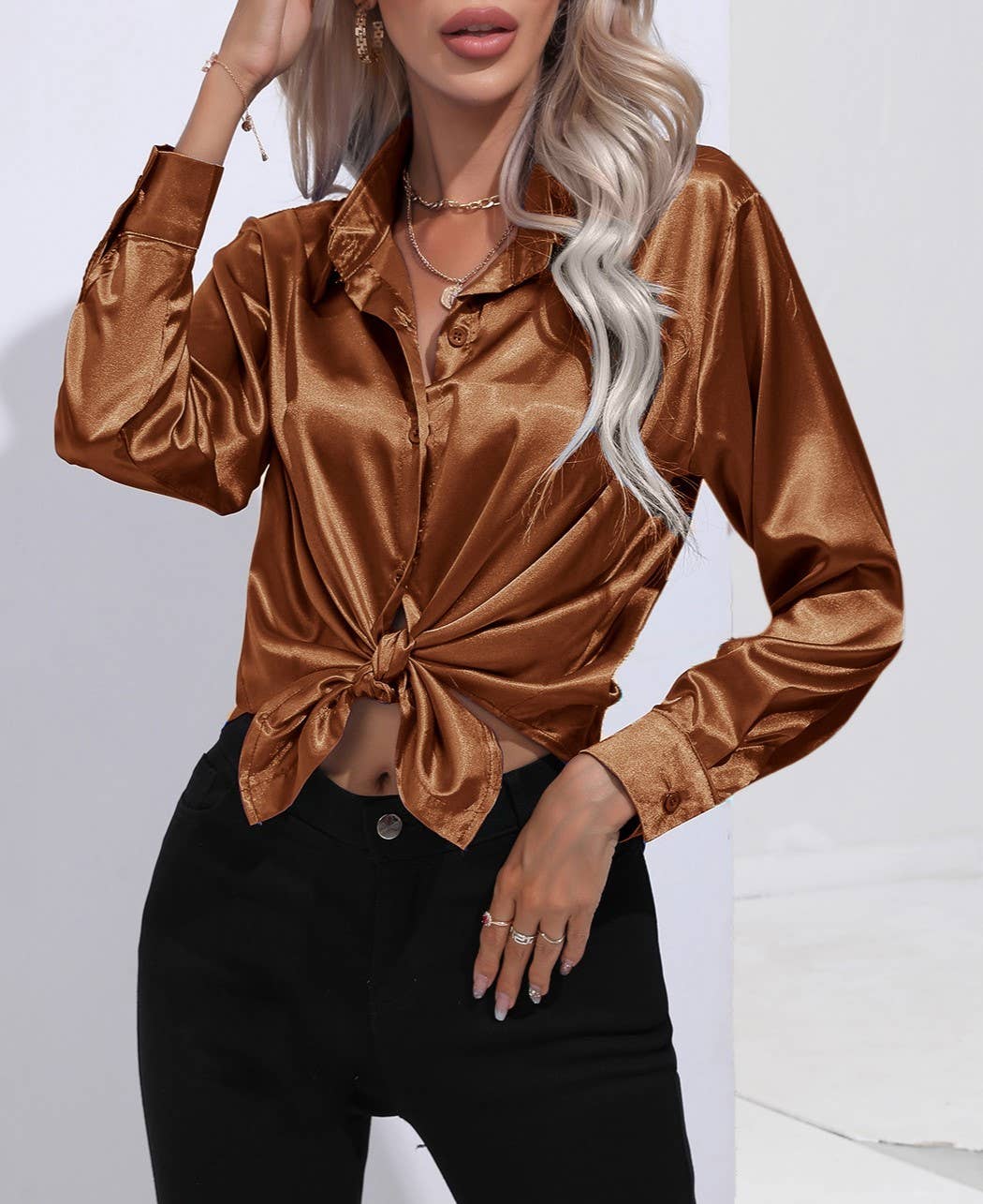 HIDDENBRAND - Wholesale Button Down Shirt - Women's - Satin Faux Silk Long-Sleeved Shirt38