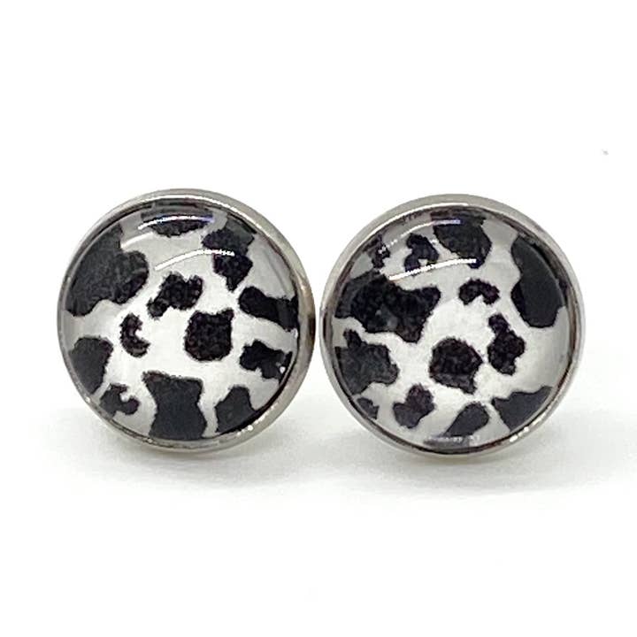 Cow Animal Print Glass Stud Earrings 12m Stainless Steel for wholesale by Our Little Charms