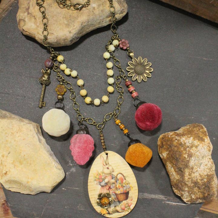Flower Garden Sherbet Bunny Charm'd Necklace for wholesale by The Primitive Peddler, Inc.