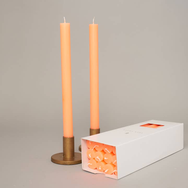 Fluoro Orange Coloured Box of 12 Taper Candles - 12hr Burn for wholesale by True Grace