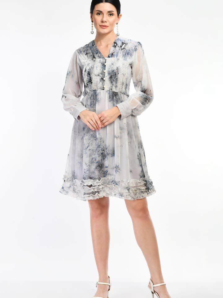 Grey Tie and Dye Print Balloon Sleeve Dress for wholesale by STYLE INSTANT