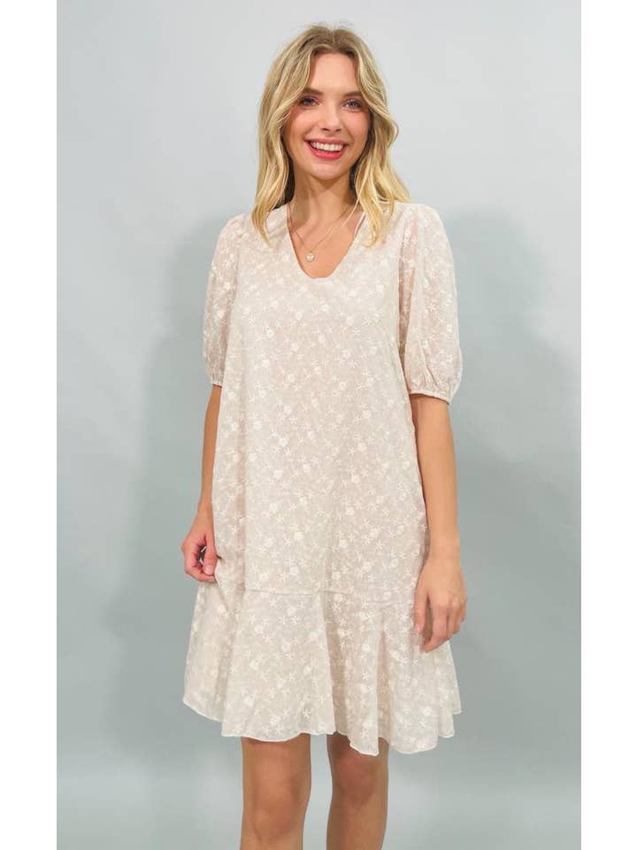 Beige Made in USA - Embroidered V Neck Short Sleeve Dress for wholesale on Faire