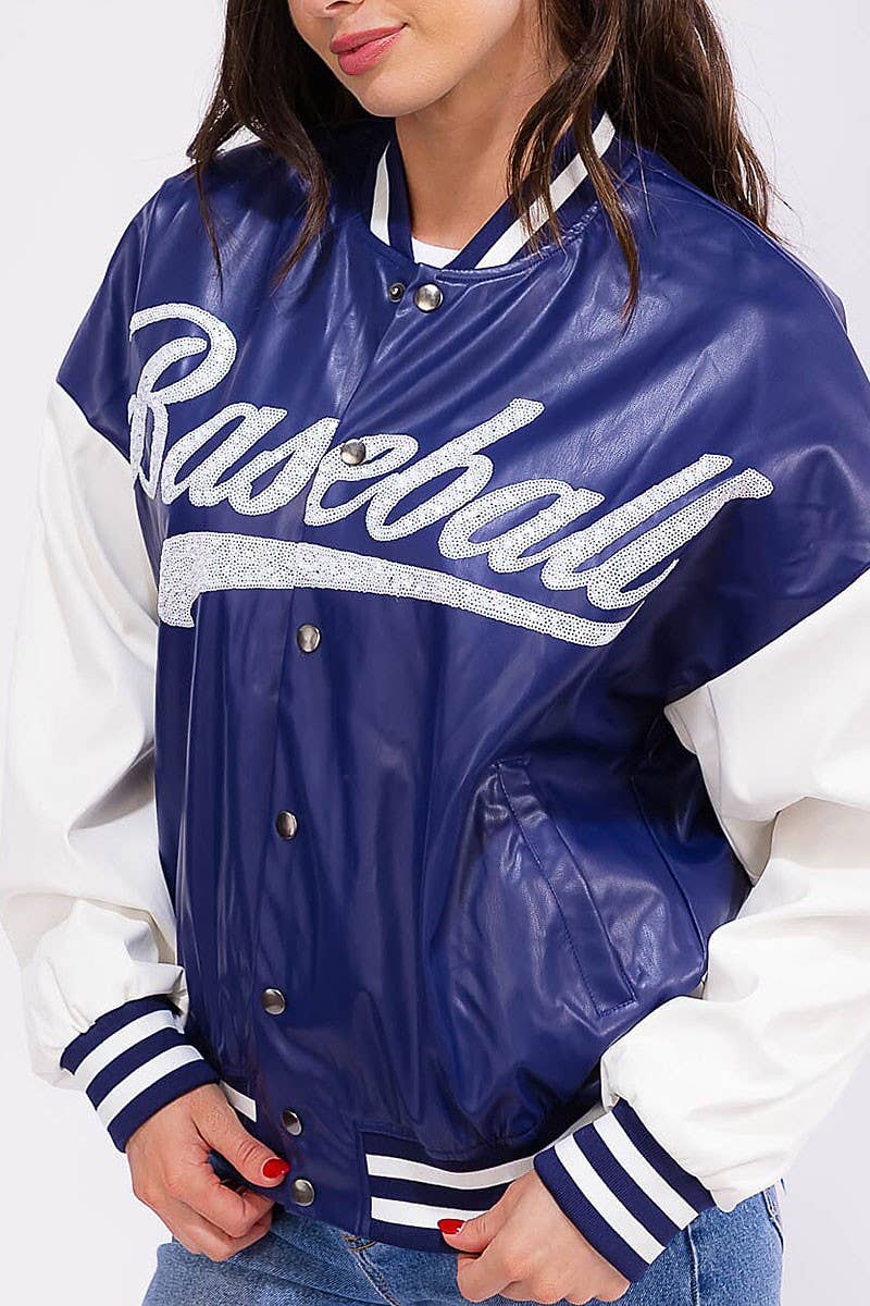 ROUSSEAU - Wholesale Varsity/Baseball Jacket - Women's - BUTTON FRONT POCKETS PU PLEATHER VARSITY JACKET3