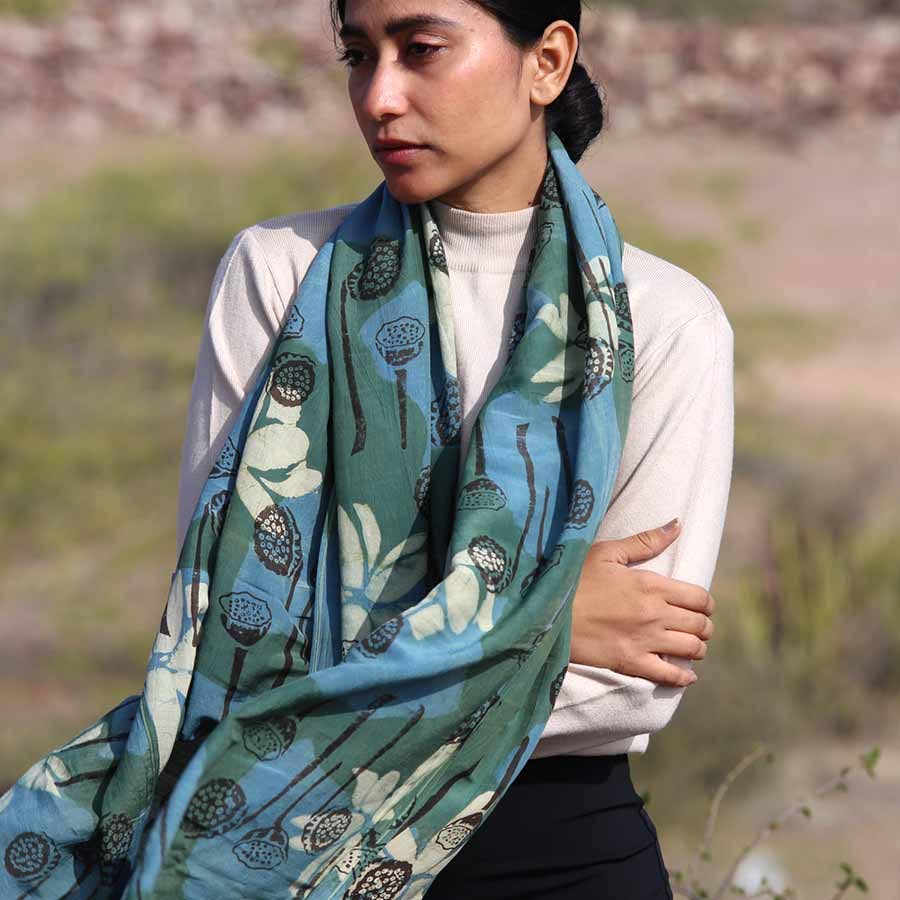 Ichcha - Wholesale Scarf - Women's - Cotton Silk Block printed Women Scarf/Wrap - Lotus Garden4