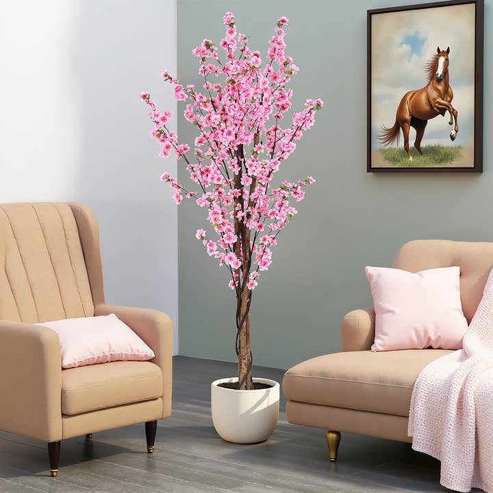 Pink 6' Artificial Peach Blossom Tree With Pot for wholesale on Faire