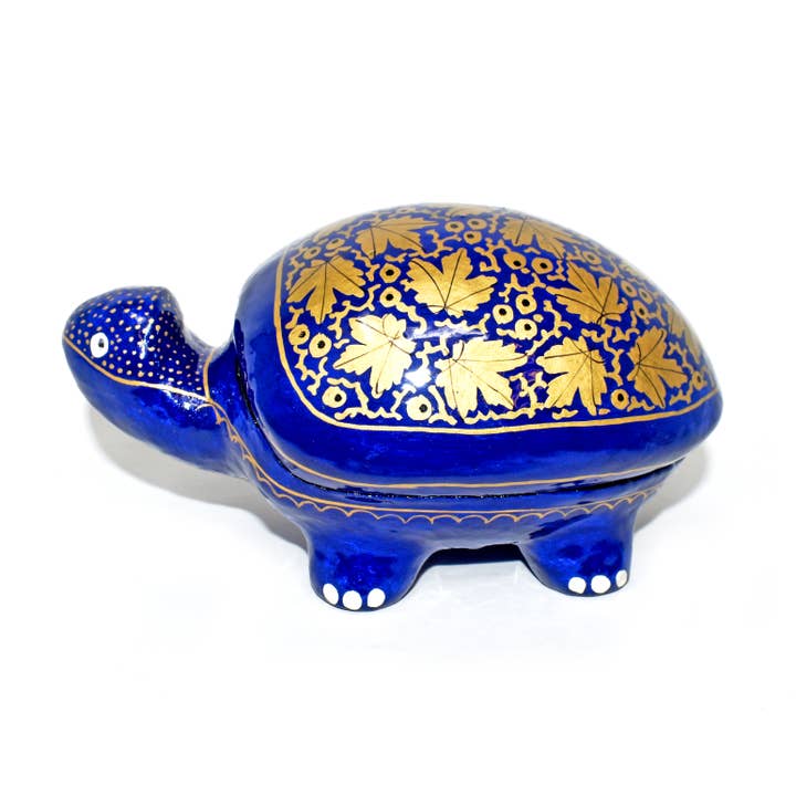 Handbemalte kaschmirische Pappmaché-Blau-Gold-Schildkrötenboxen für den Großhandel von Fair to Trade Ltd
