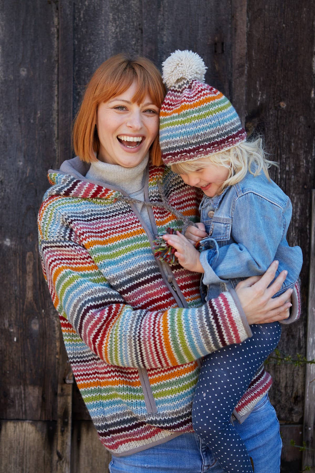 One Colour Kids Hoxton Colourful Stripe Knitted Wool Bobble Beanie Hat for wholesale on Faire4
