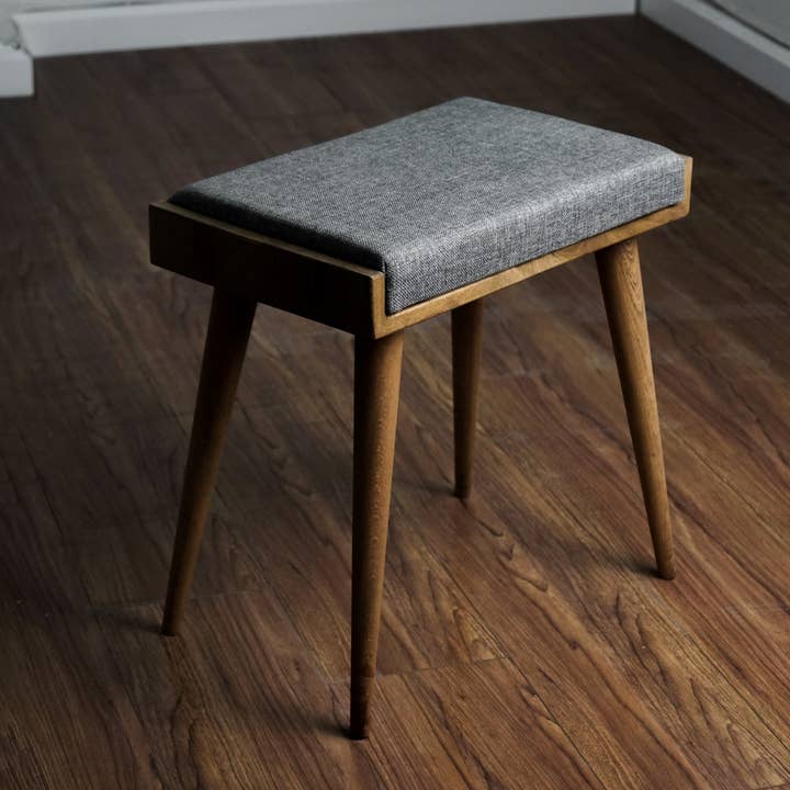 Vintage Walnut Wooden Piano Bench - Gray Upholstered Keyboard Seat for wholesale by Ultimate Premium Products