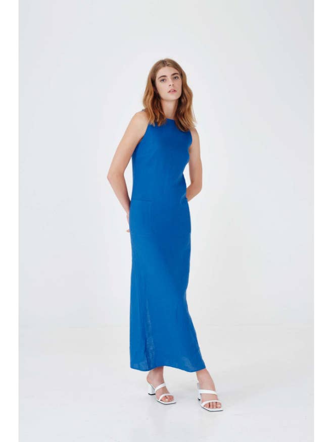 Vestido midi de lino con escote alto para venta al por mayor de Haris Cotton