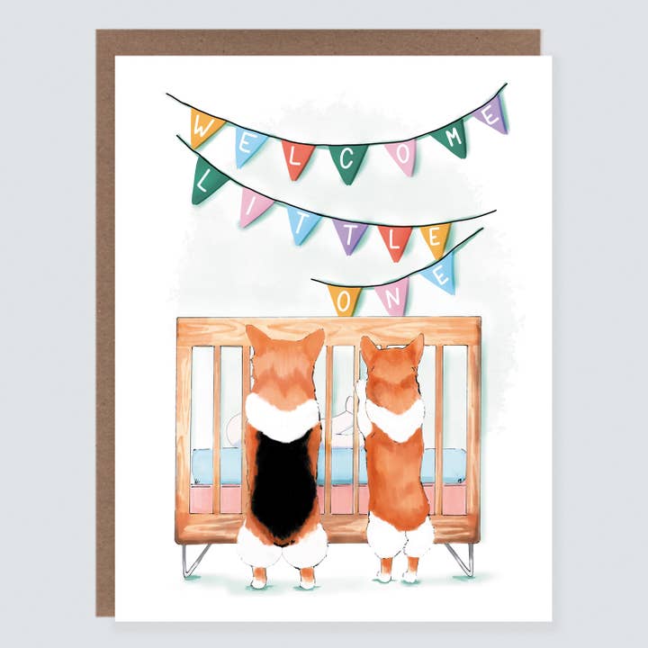 New Baby Crib With Corgi Dogs | New Baby Card for wholesale by Morgan Swank Studio