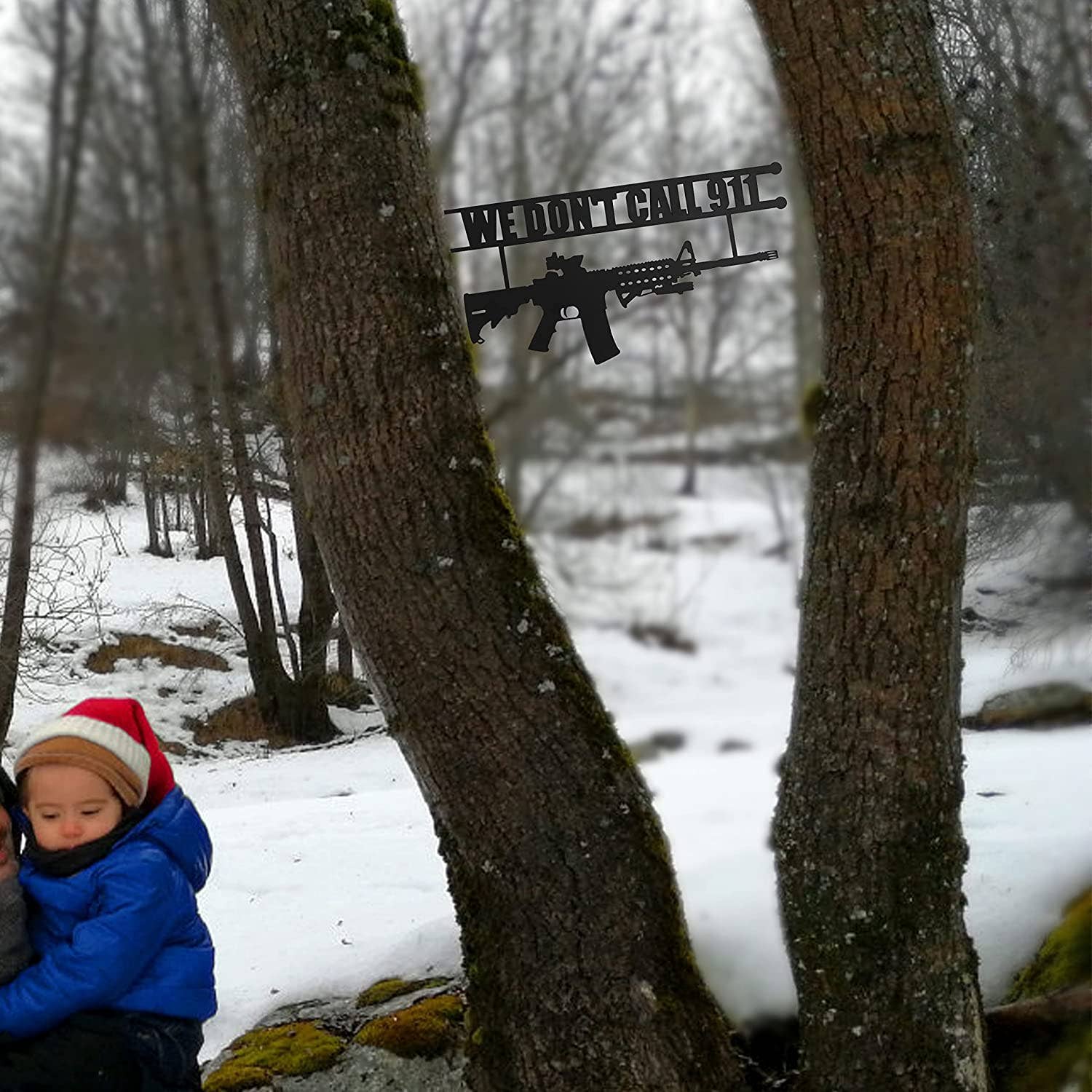 The Wine Savant /  Khen Glassware - Wholesale Sign - Metal No Trespassing Sign "We Don't Call 911" Gun Metal Door4