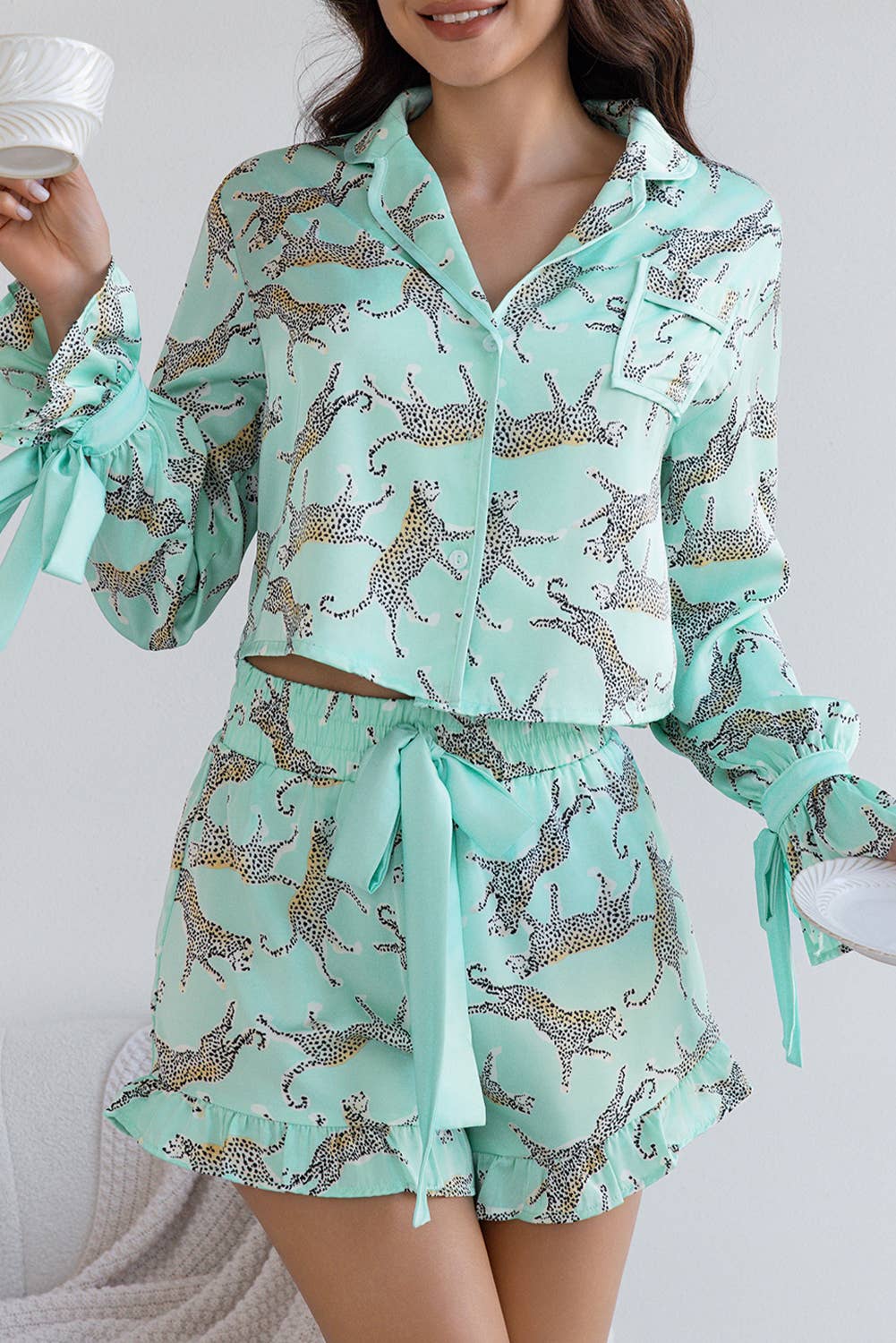 Green Leopard Printed Satin Long Sleeve Top and Shorts Pajama Set for wholesale on Faire2