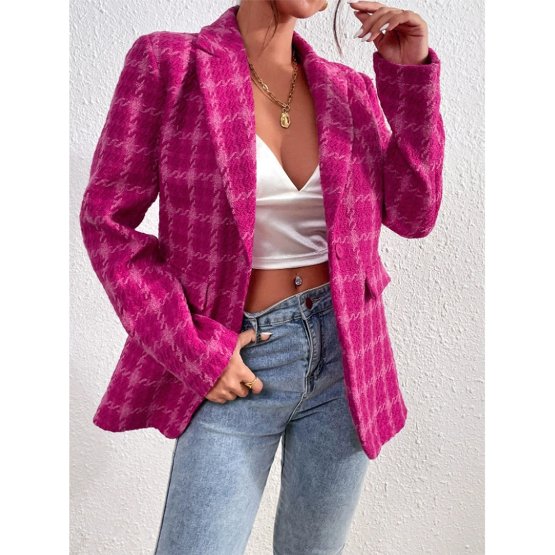 Rose Red Fall Winter Plaid Knit Cardigan Mid-Length Jacket ZK3677 for wholesale on Faire1