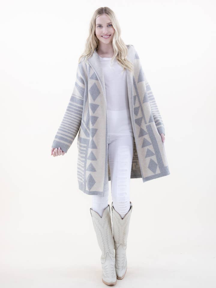 Original USA - Vente Cardigan – femme - Cardigan à capuche géométrique confortable et surdimensionné6