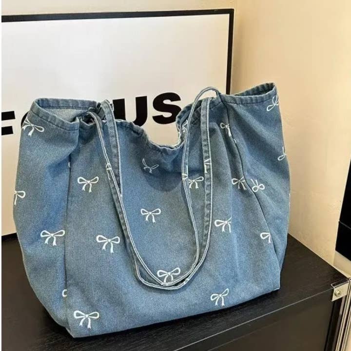 Serenity Collective - Wholesale Tote Bag - Women's - Bow Print Denim Tote Bag1