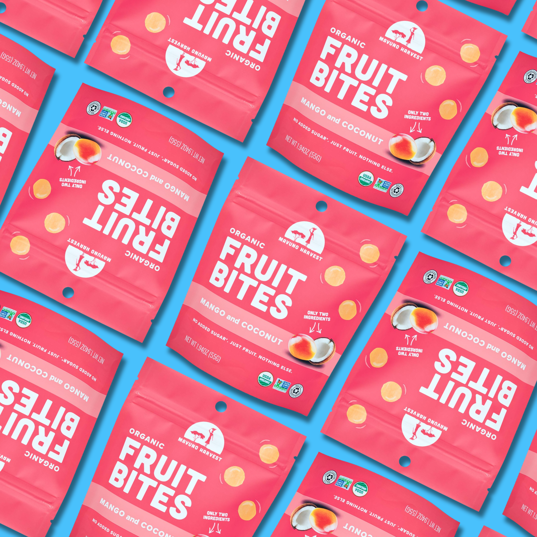 Mavuno Harvest Organics - Vente Fruits secs/déshydratés - Bouchées de fruits biologiques : Mangue & Noix de coco, boîte de 8 unités3