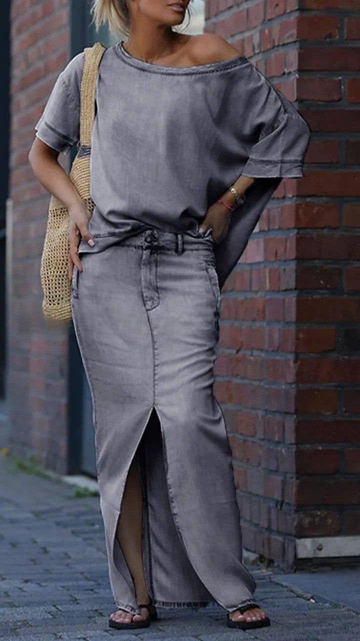 EmberLoom - Vente Ensemble haut et jupe - Femme - Ensemble haut à épaules dénudées et jupe fendue à l'avant4