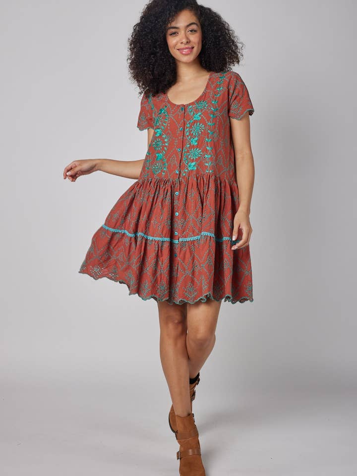 ModaPosa - Wholesale Dress - Women's - Simonetta Brown Blue Hand Embroidered Fall Dress