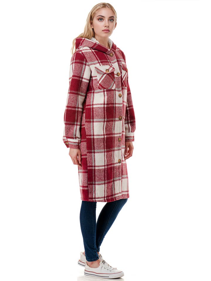 Color 5 - Wholesale Shirt Jacket/Shacket - Women's - Sherpa fur lined plaid flannel jacket with hoodie and pocket14