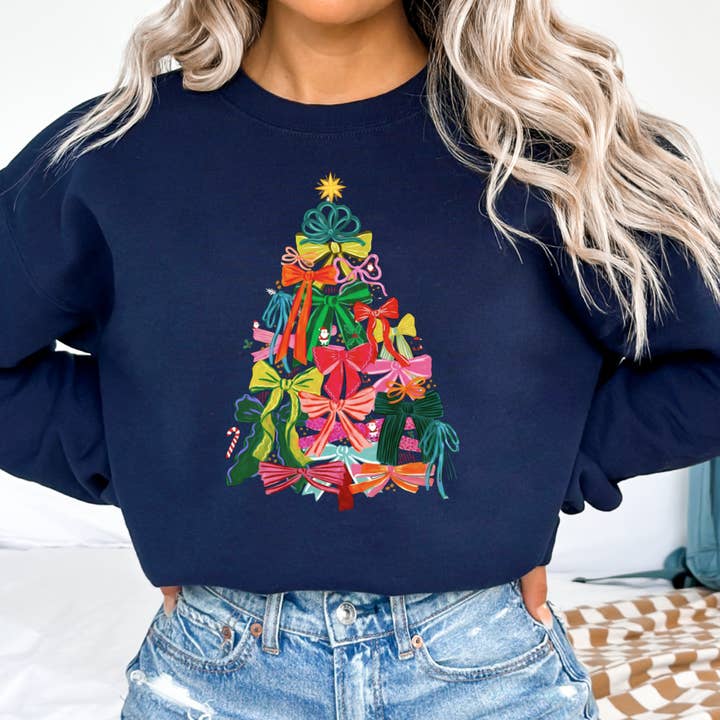 Shoppe SHC - Wholesale Graphic Sweatshirt - Women's - Bow Christmas Tree Christmas Sweatshirt | Gildan 8