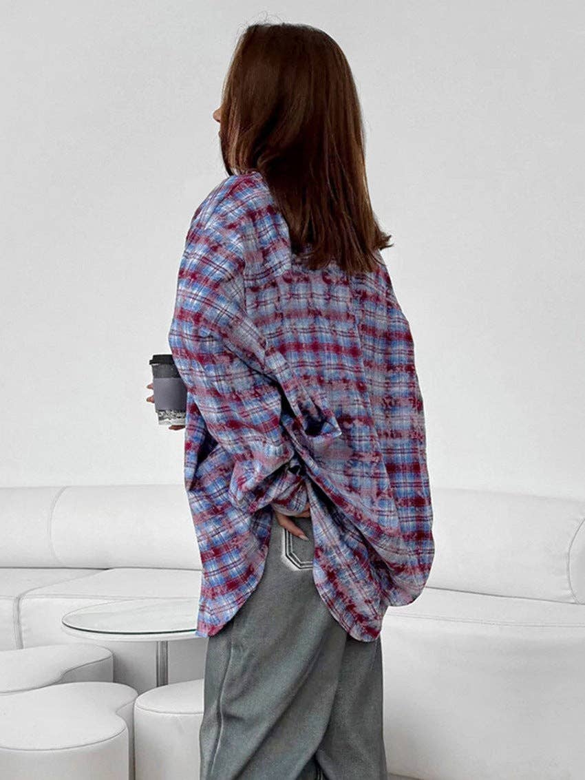 Dipped Shop - Wholesale Button Down Shirt - Women's - Vintage Plaid Long Sleeve Loose Shirt DP25E5586