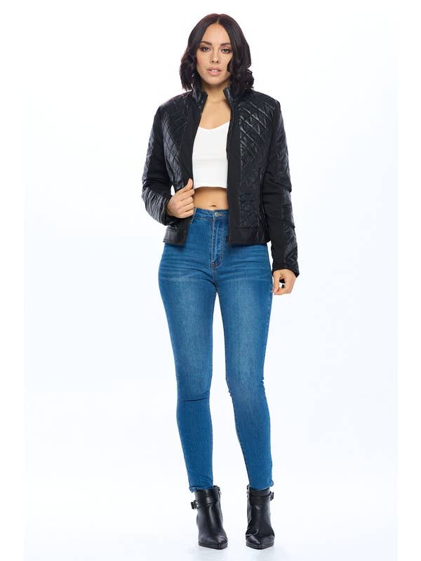 Black Quilted Edge Faux Leather Jacket for wholesale on Faire