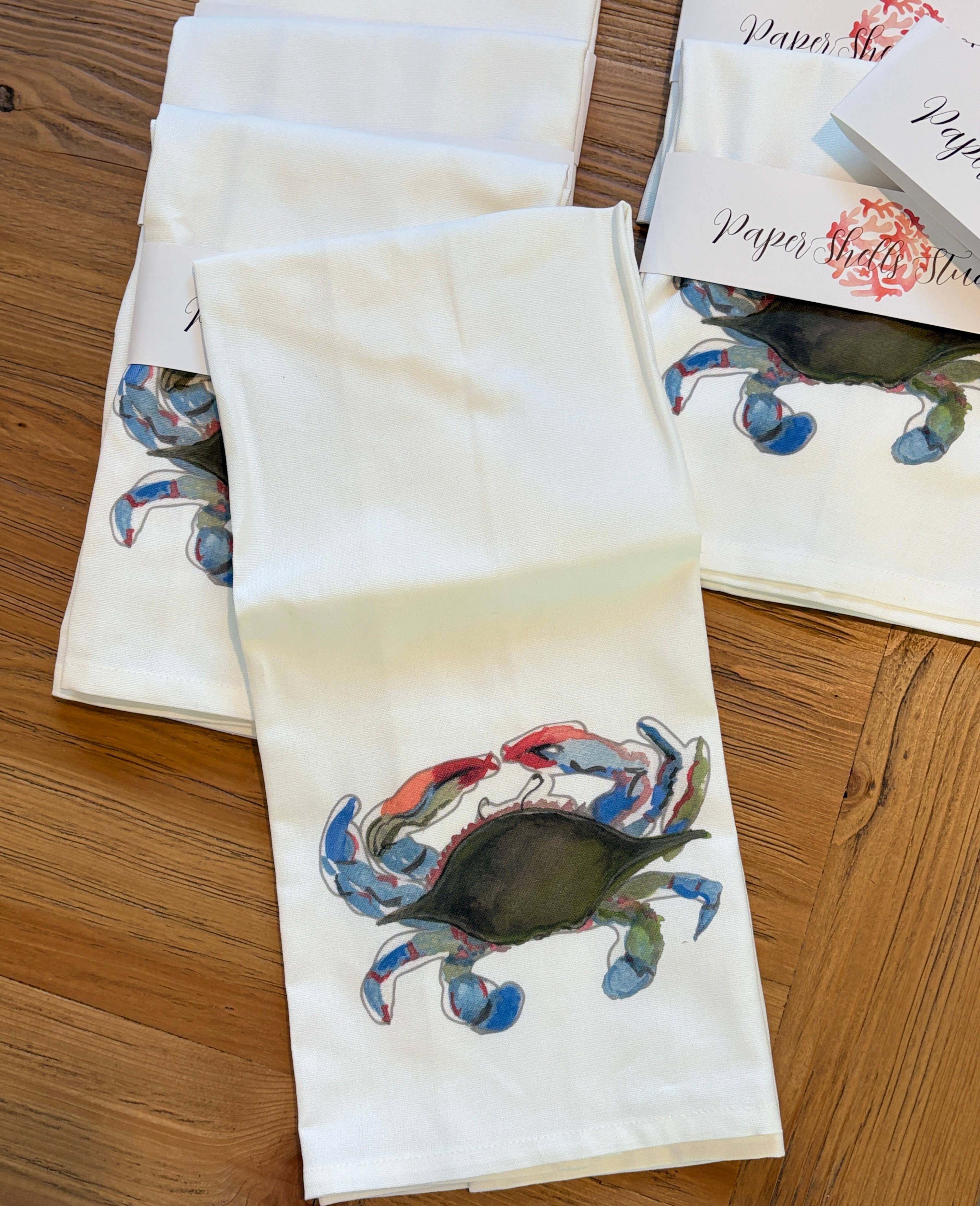 Paper Shells Studio - Wholesale Tea Towel - Blue Crab Linen Tea Towel – 100% Linen with Hanging Loop2