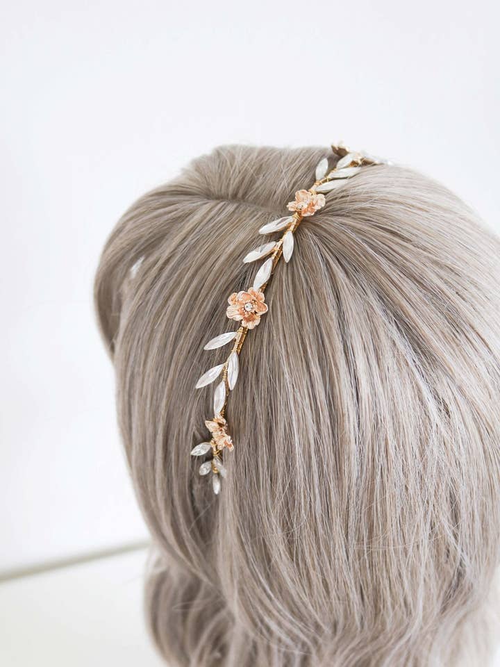 Rosalie Crystal Leaf and Gold Rose Headband for wholesale by Miss Foxine Couture