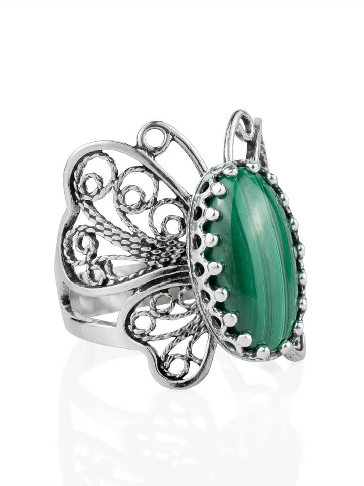 Anillo de plata de ley con mariposa de mujer y gema de malaquita artística para venta al por mayor de Filigranist Jewelry