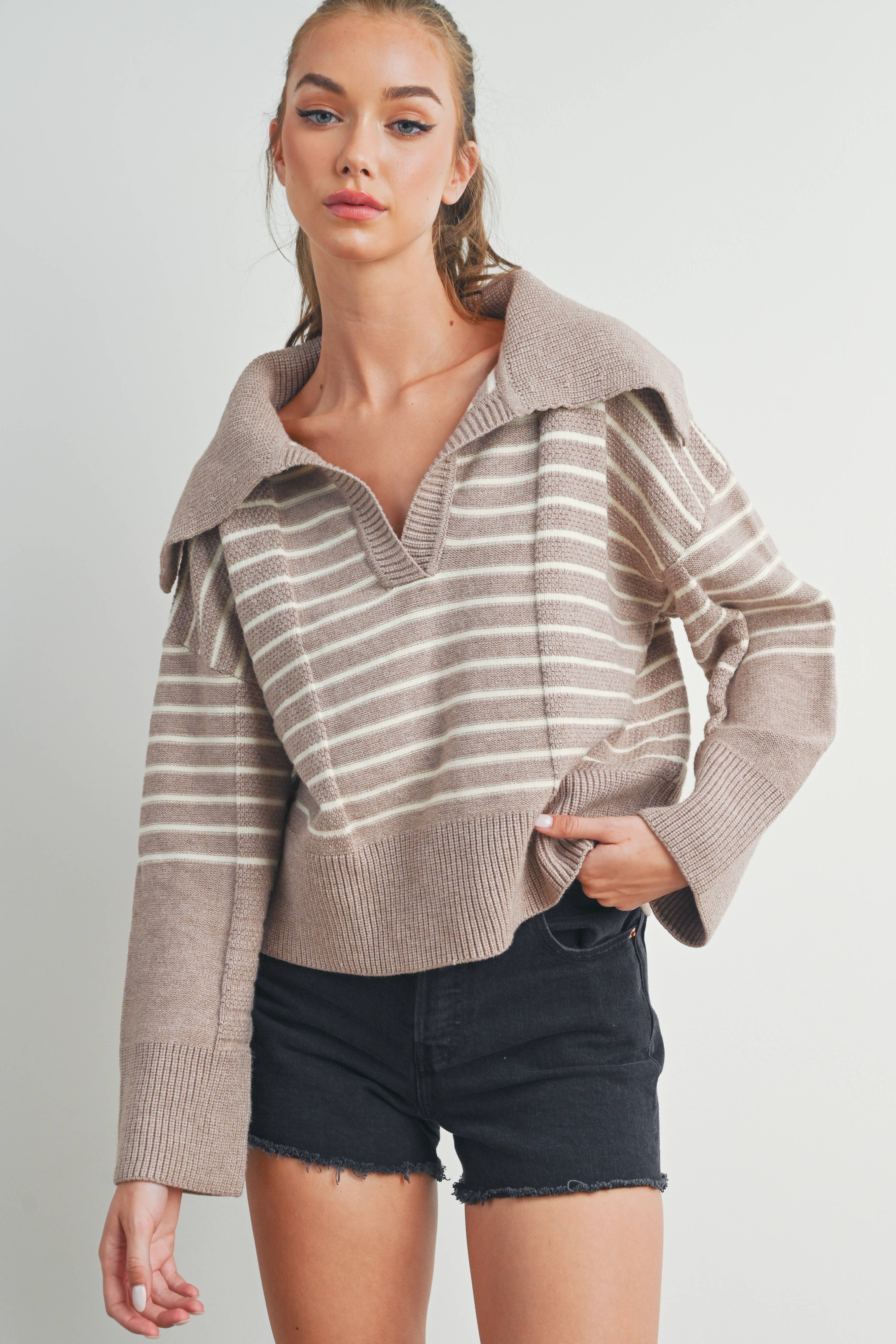 BUTTERMELON – Engroshandel Pullover - Dame – Struktureret Stribet V-hals Stor Krave LS Sweater - BMW724712