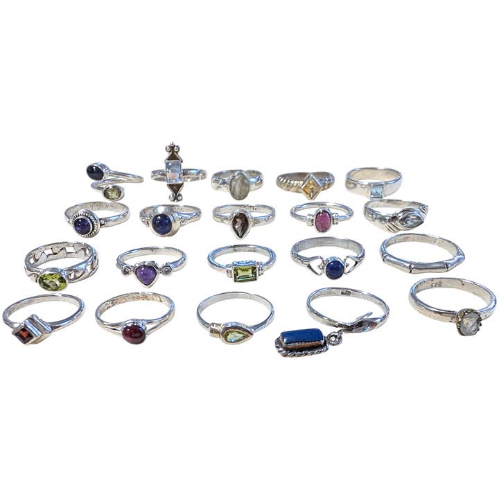 Small Stone & Sterling Silver Rings Grab Bag Quantity 20 for wholesale by Saraswati Imports