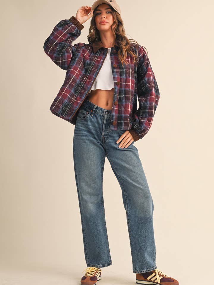 &MERCI - Wholesale Jacket - Women's - PLAID QUILTED JACKET WITH CONTRAST CORDUROY DETAIL MJK411540