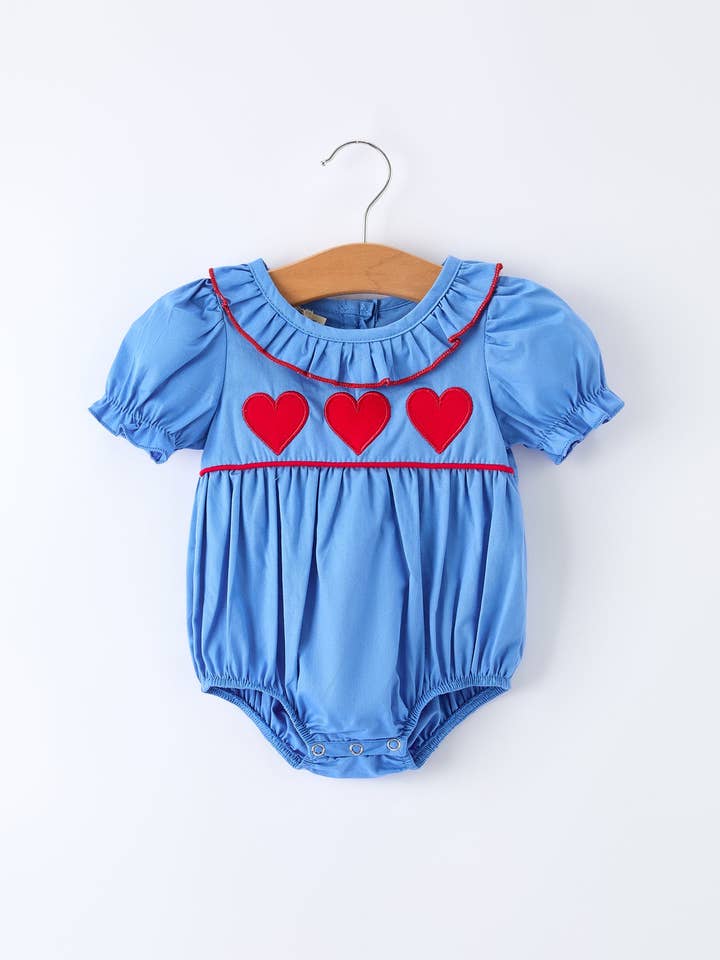 Valentine's Day Baby Girl Heart Applique Blue Romper for wholesale by Rylee Faith Designs