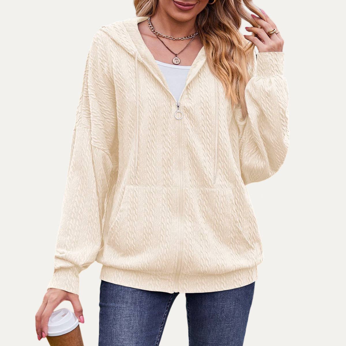 The Moment Collection - Wholesale Jacket - Women's - Leisure Days Textured Oversize Zip-Up Hooded Jacket8