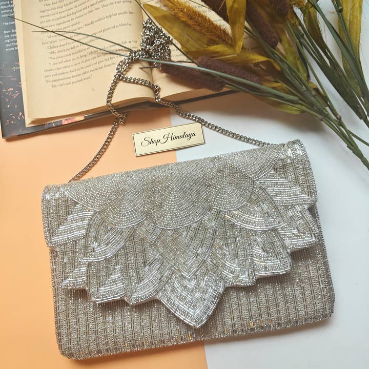 ShopHimalaya - Vente Pochette – femme - Pochette à Perles Argentée | Sac de Soirée Art Déco pour Mariée