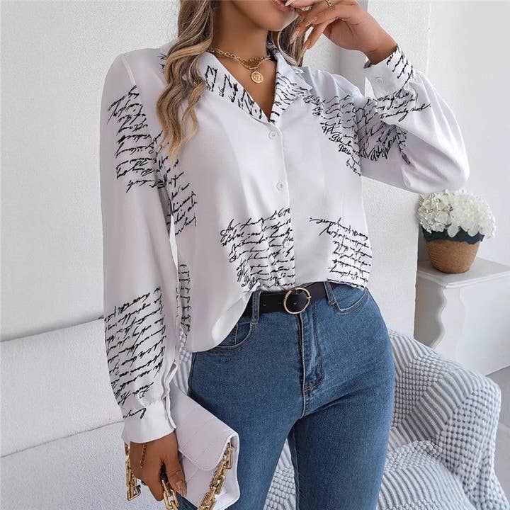 UZ Wholesale Store - Wholesale Button Down Shirt - Women's - Stylish Letter Print Shirt With Suit Collar And Long Sleeves3