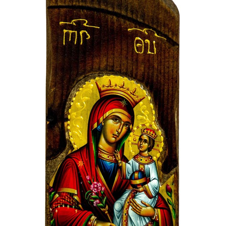 Jungfru Maria-ikonen Panagia Rose Amaranth, handgjord grekisk ortodox ikon, Guds moder bysantinsk konst, Theotokos vägghängande träplatta för wholesale av TheHolyArt