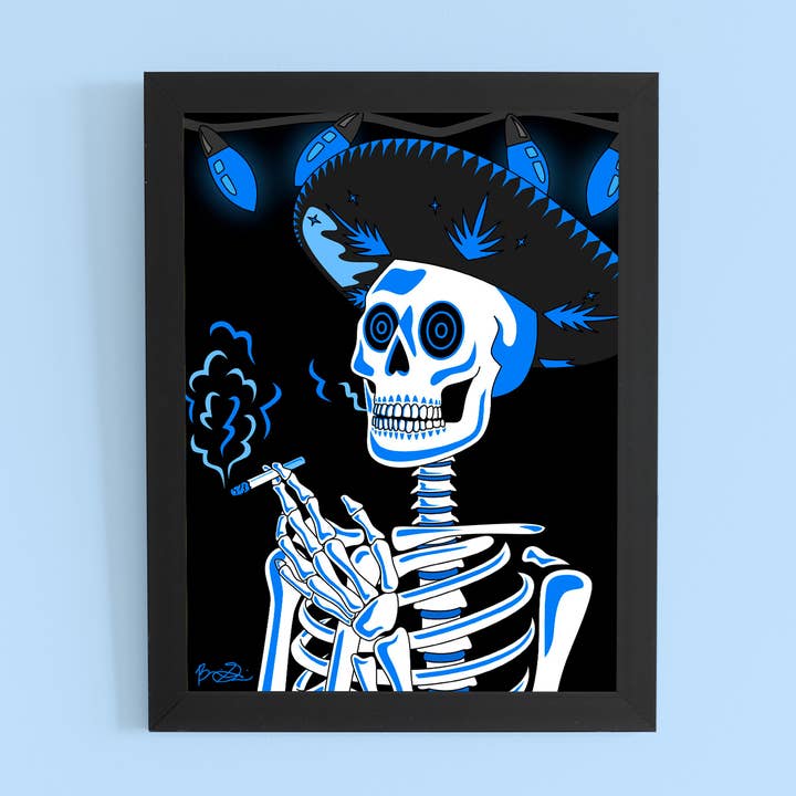 Blauer Kunstdruck, Neon-Skelett, Smoking, Mariachi für den Großhandel von Brianna Gardocki Art