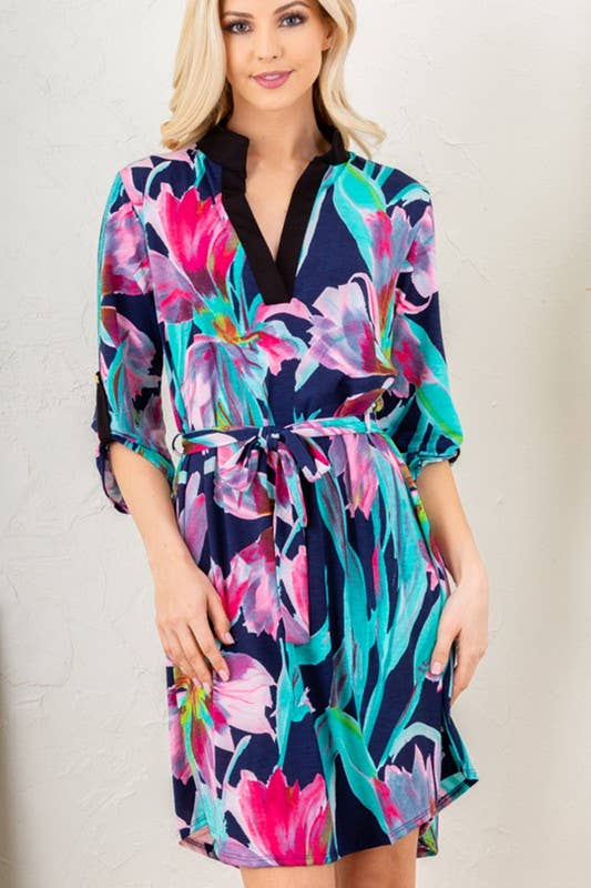 MARINBLÅ ED6111-11 MANDARIN KRAGE FLERFÄRGAD BLOMMIG KLÄNNING för wholesale på Faire6