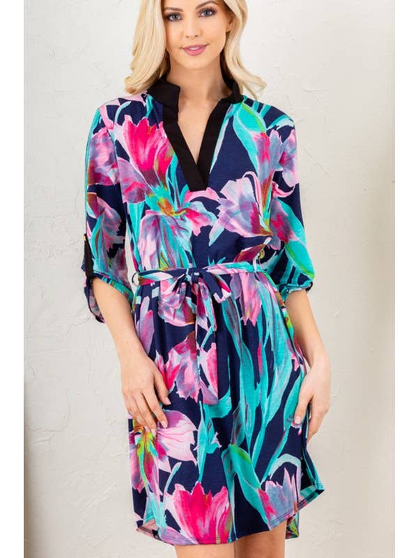 MARINBLÅ ED6111-11 MANDARIN KRAGE FLERFÄRGAD BLOMMIG KLÄNNING för wholesale på Faire6