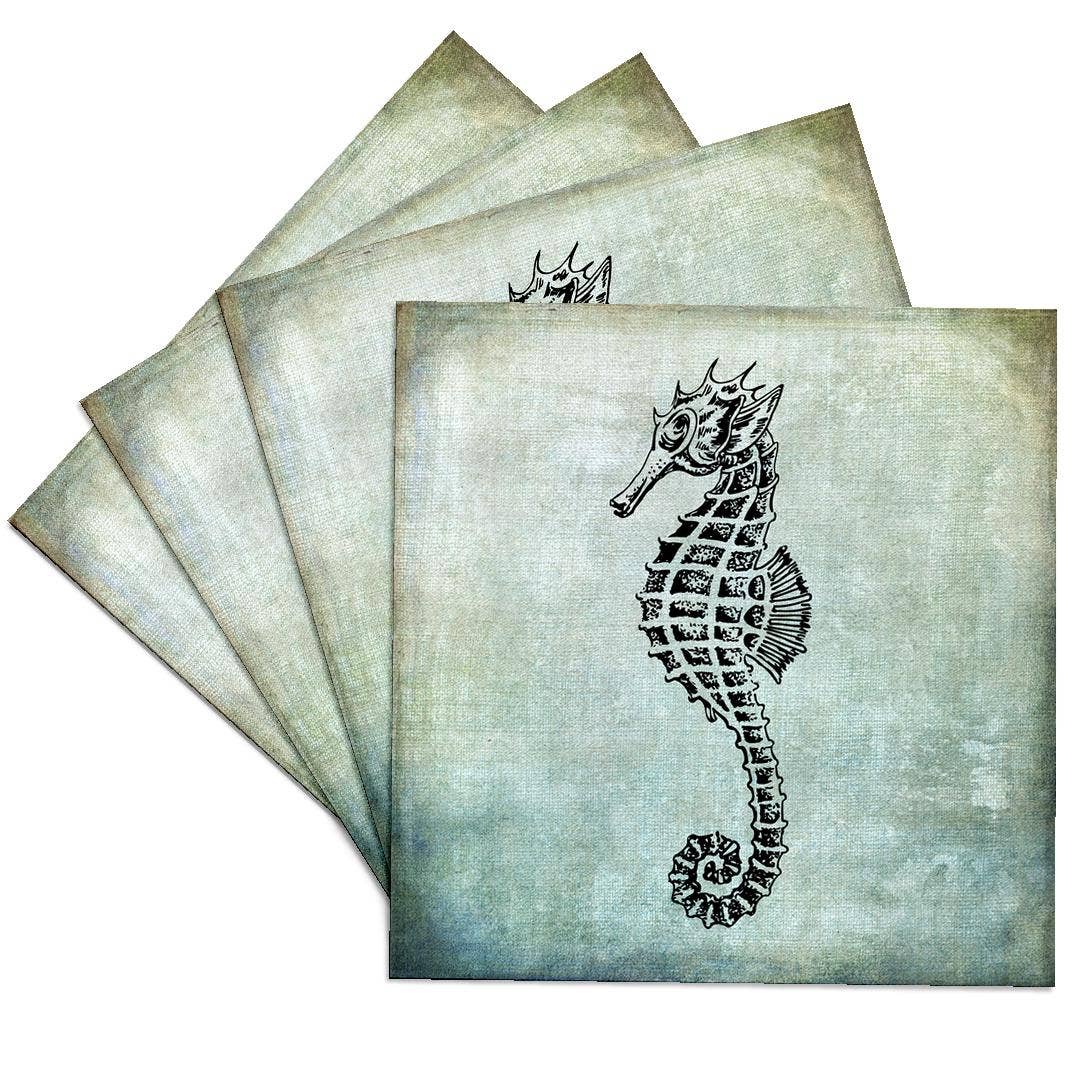 3dRose – Großhandel Untersetzer – 3dRose, Vintage Seepferdchen Zeichnung auf blauem Hintergrund, Untersetzer0