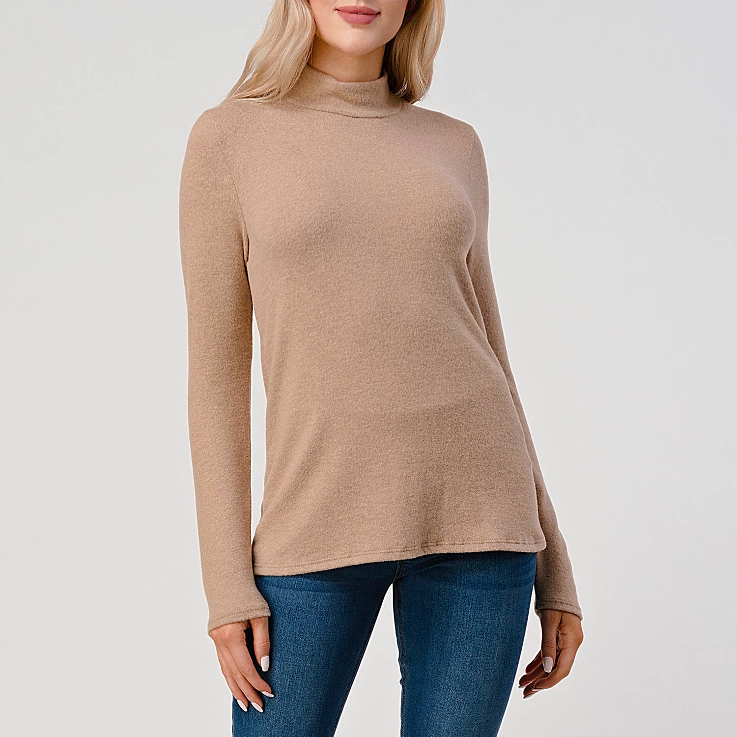 Heimious - Wholesale Knit Top - Women's - Mock Neck L-Sleeve Relaxed Fit Brushed Knit Top, T54821