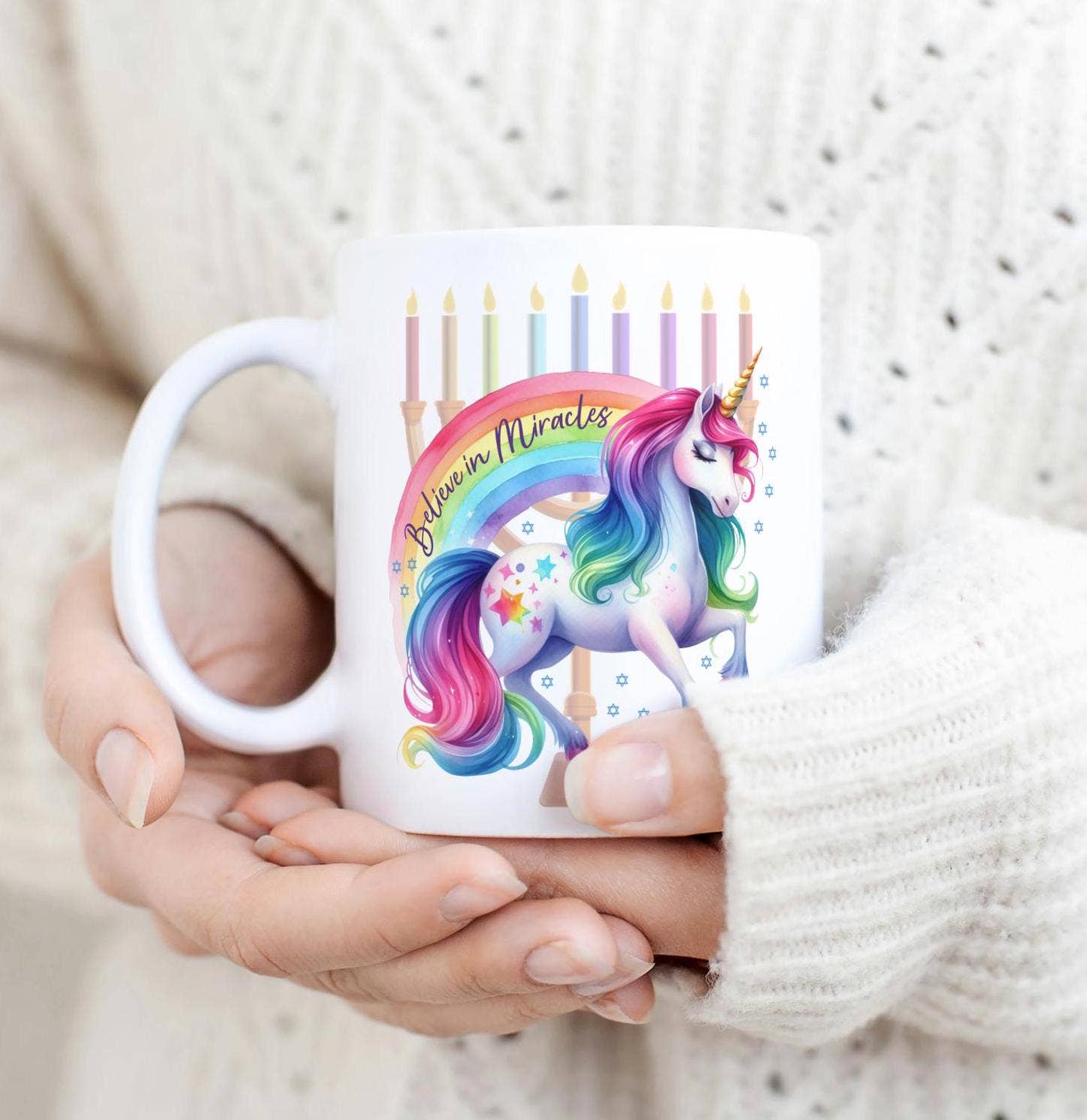 Salt Sparkle Shalom - Wholesale Coffee Mug - Believe in Miracles Unicorn Chanukah Ceramic Coffee Mug2