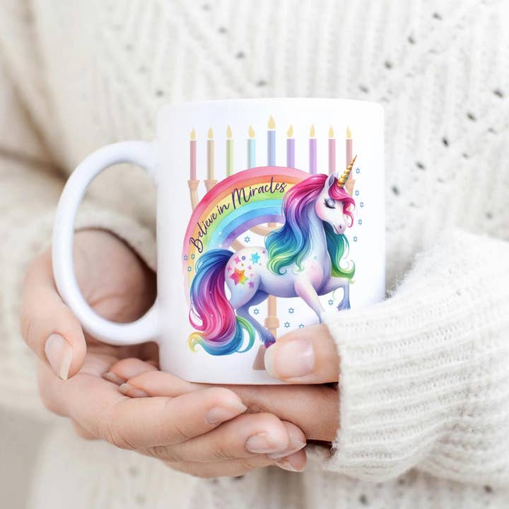 Salt Sparkle Shalom - Wholesale Coffee Mug - Believe in Miracles Unicorn Chanukah Ceramic Coffee Mug2