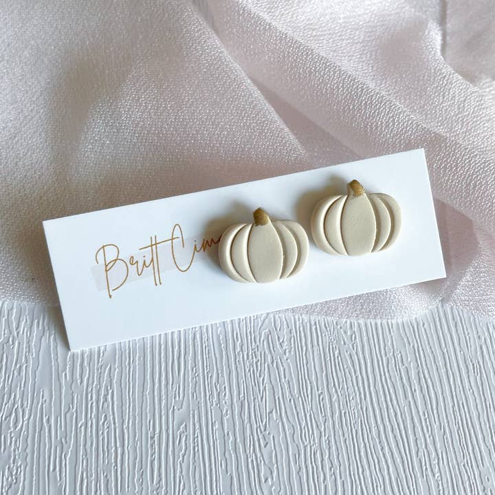 Tan Pumpkin Polymer Clay Stud Earrings | Handmade for wholesale by Britt Cimone