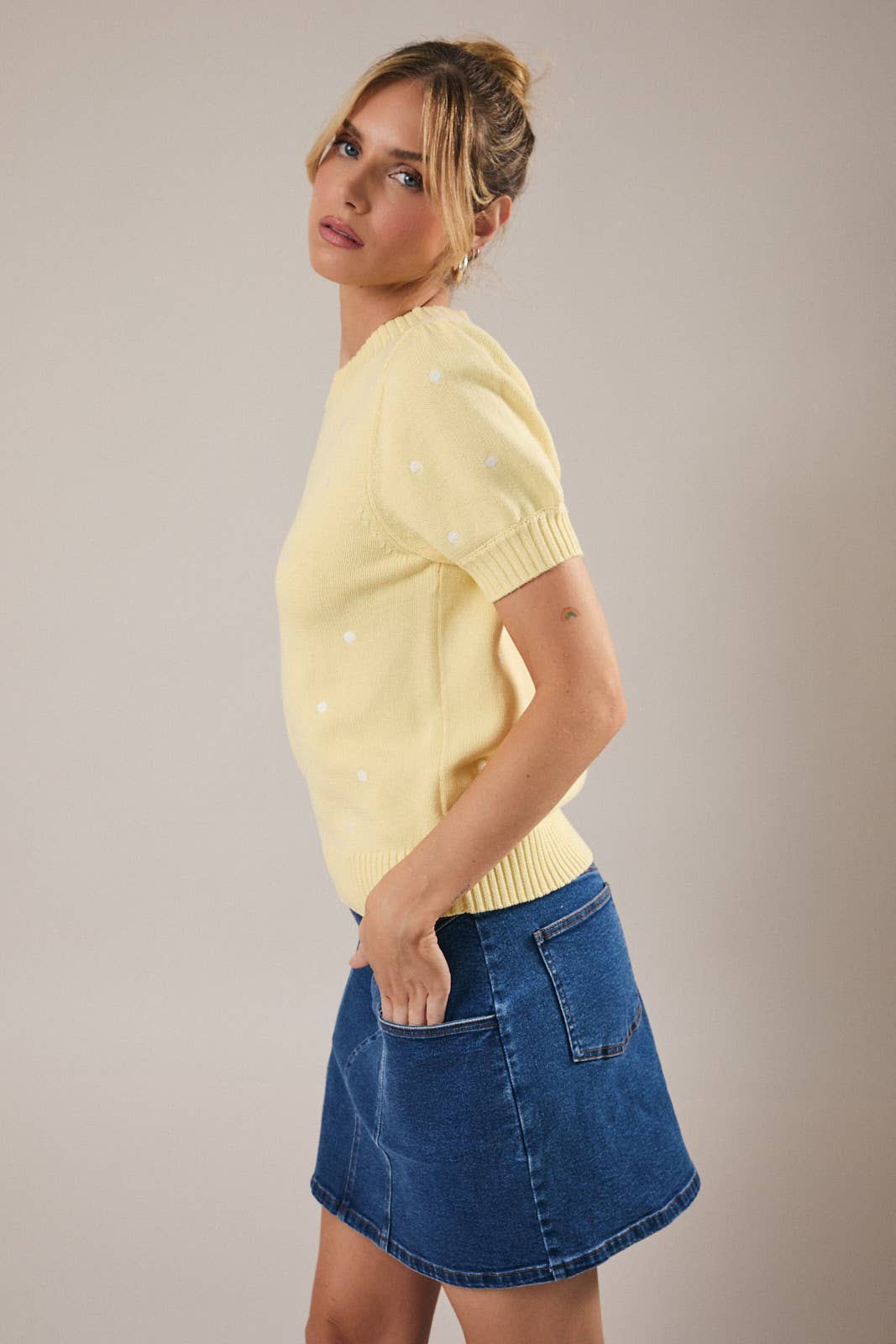 Sunday Edition - Wholesale Knit Sweater - Women's - ROUND NECK PUFF SHORT SLEEVE "POLKA DOT" EMBROIDERED SWEATER32