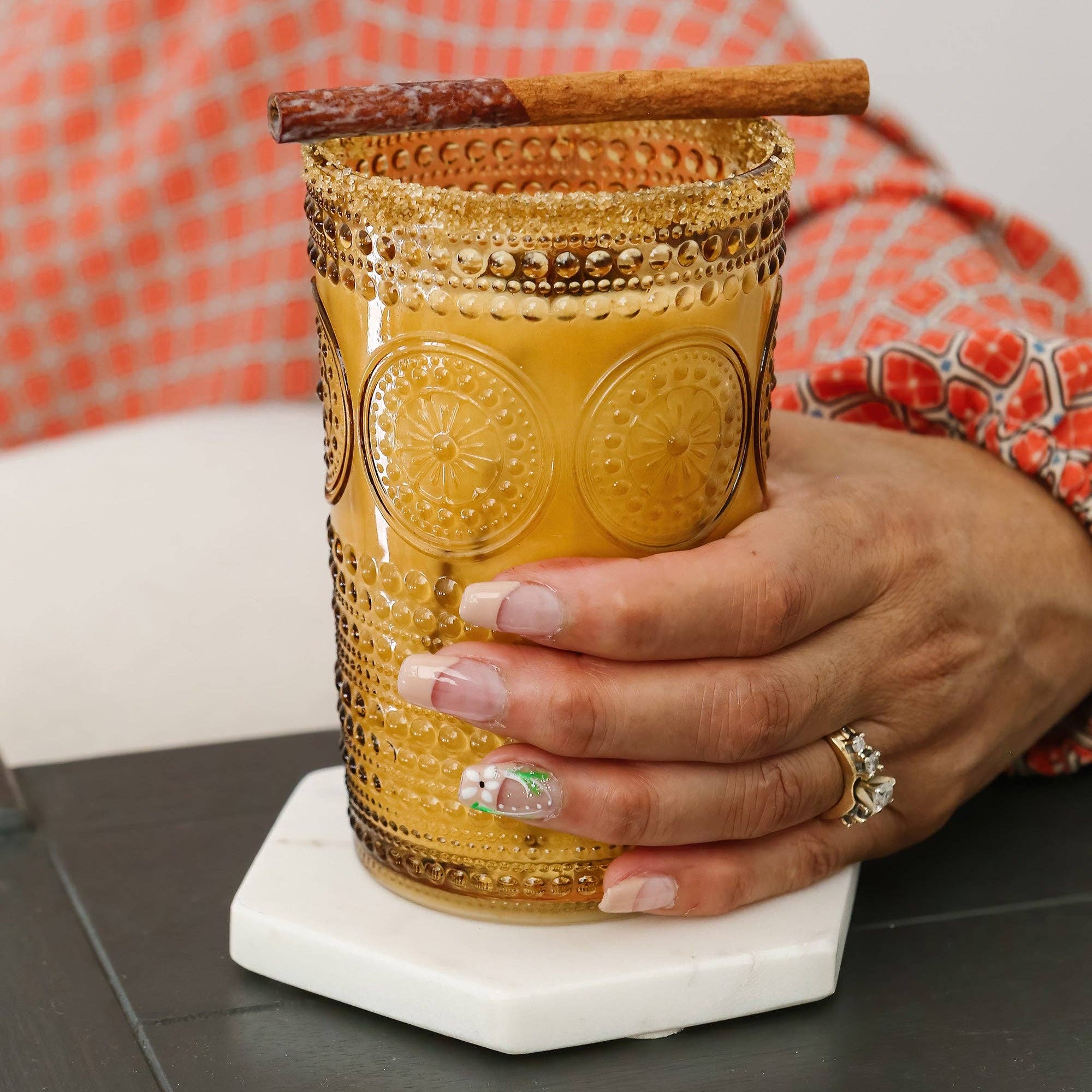 Kate Aspen - Wholesale Cocktail/Liquor Glass - 13 oz. Hobnail Beaded Floral Amber Drinking Glasses (Set of3