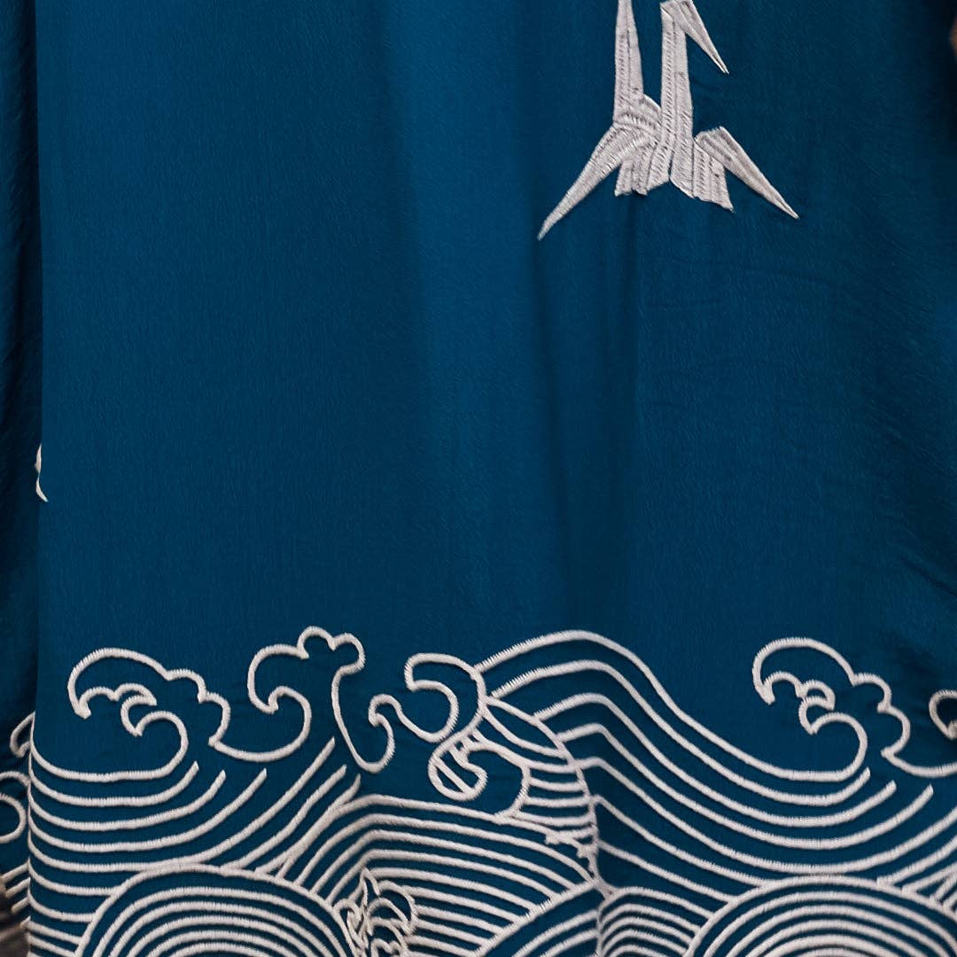 Artemis Muse – wholesale Kimono – Women's – Origami & Hokusai Wave Embroidered Fully Lined Deep Teal Long Kimono9
