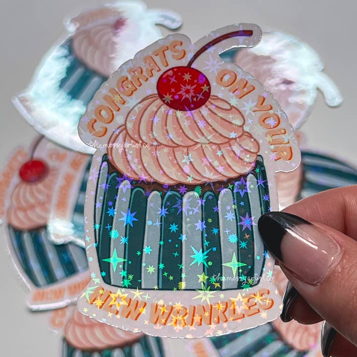 Congrats On Your New Wrinkle Sticker, Funny Birthday Sticker for wholesale by The Messy Artist Co.